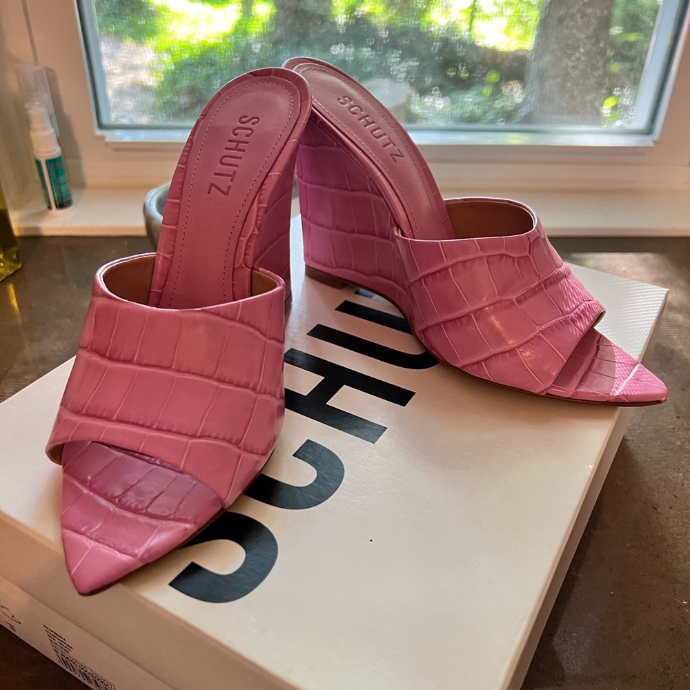 Schutz Shoes | Schutz Pink Women Lucimara Crocodile Embossed Leather Wedge slide
